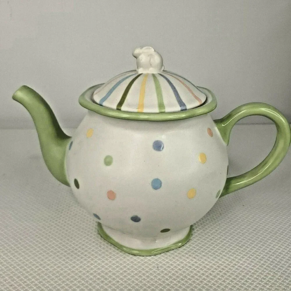 Demdaco Green White Polka Dot Teapot Bunny